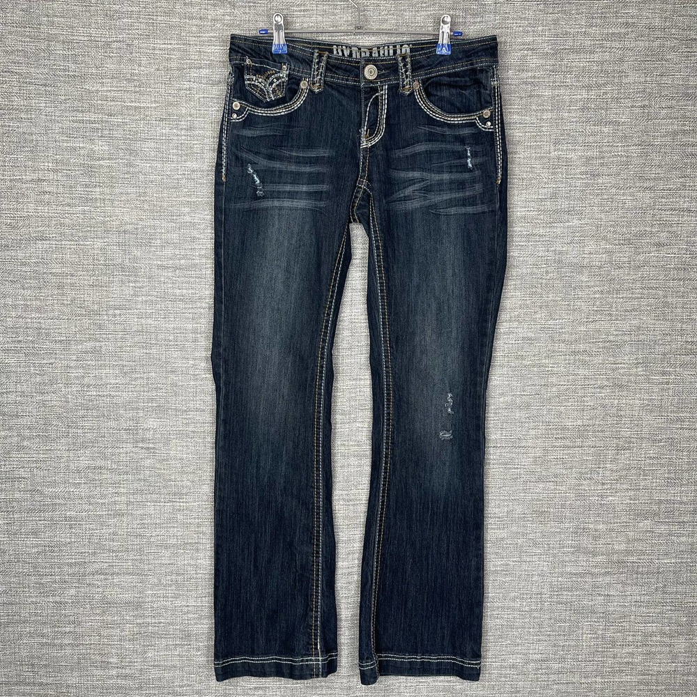 Hydraulic Women's Size 7/8 Flare Distressed Whiskered Stretch Denim Blue Jeans